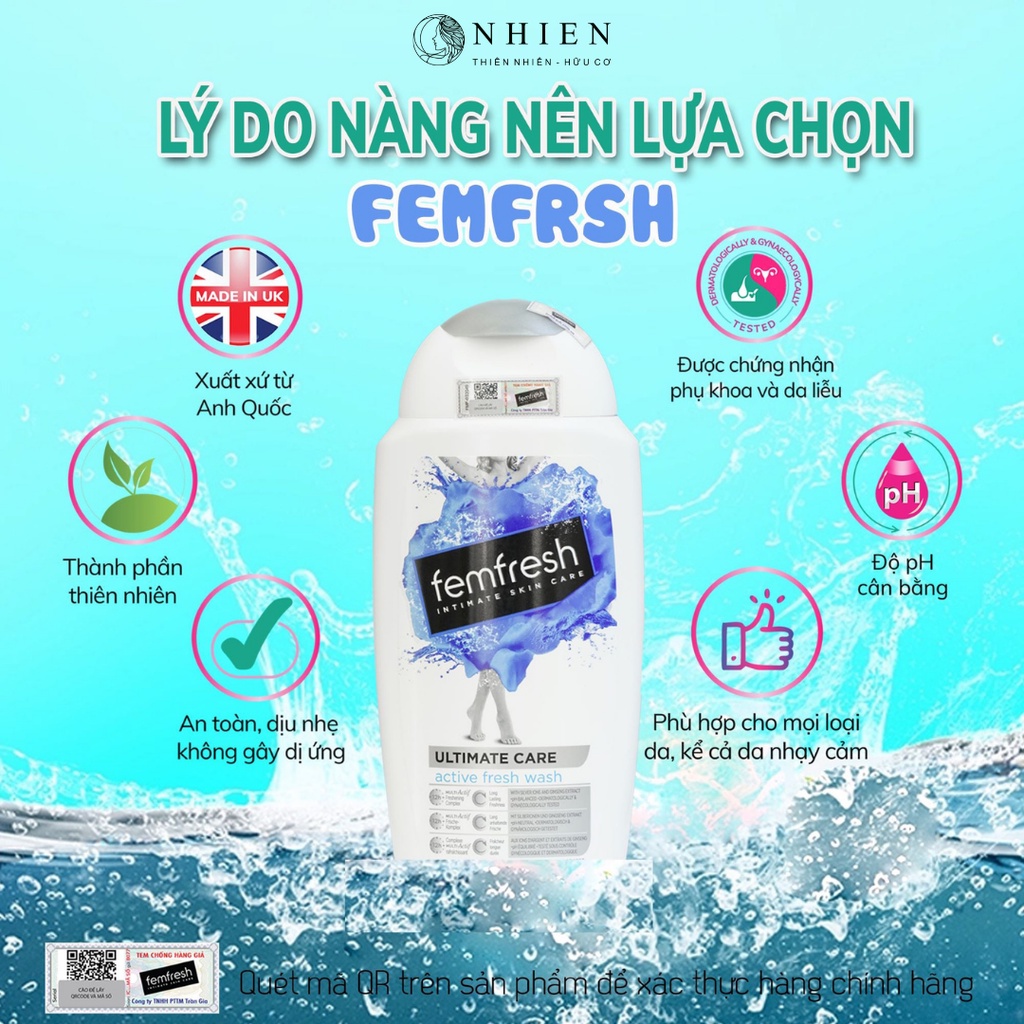 Dung dịch vệ sinh phụ nữ Femfresh màu xanh dương dành cho người vận động nhiều, bảo vệ vùng kín không bị nhiễm khuẩn