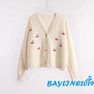 Áo khoác cardigan cổ chữ V tay dài thêu họa tiết quả cherry thời trang cho nữ
