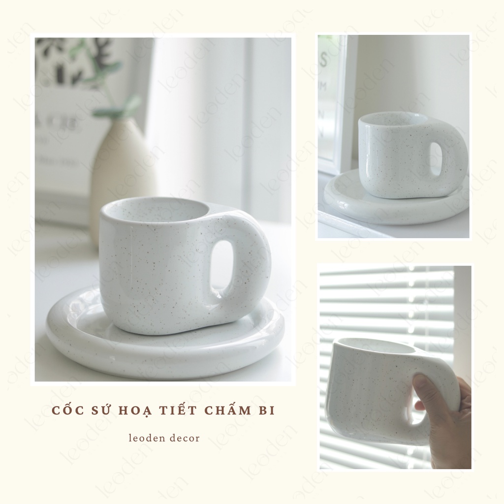 Dĩa sứ trắng chấm bi vẩy mực phong cách Hàn Quốc, bộ cốc đĩa sứ trắng đẹp trang trí