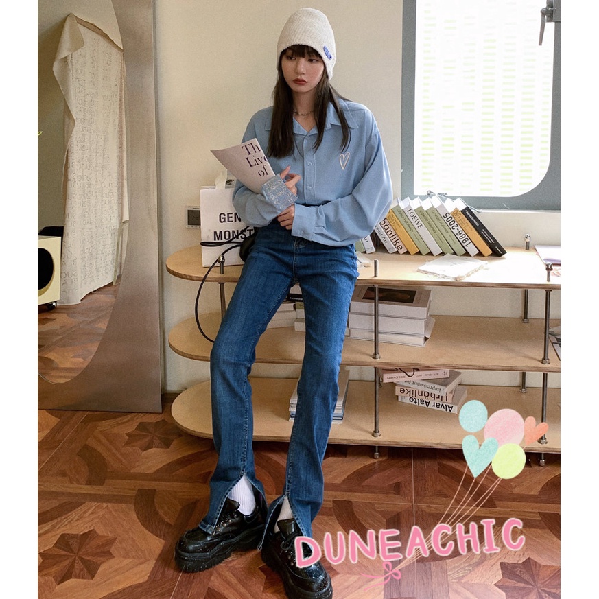 DUNEA Quần jean dài lưng cao dáng rộng co giãn tốt thiết kế quyến rũ cho nữ