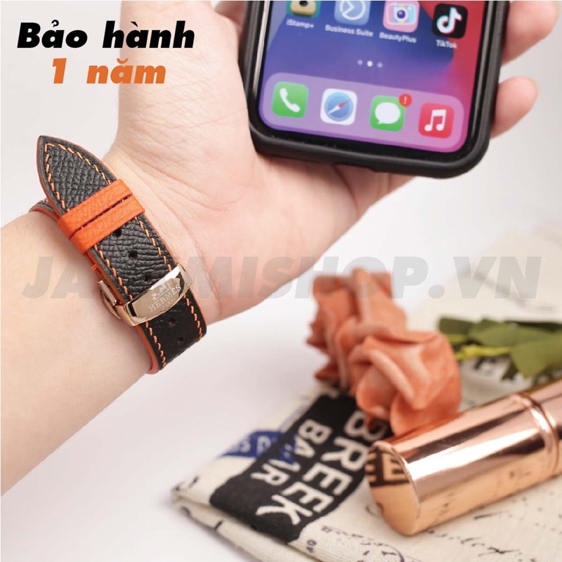 [BẢO HÀNH 1 NĂM] Dây Da EPSOM may tay thủ công màu Cam/Trắng khóa Bướm cho Apple Watch series 1/2/3/4/5/6/7