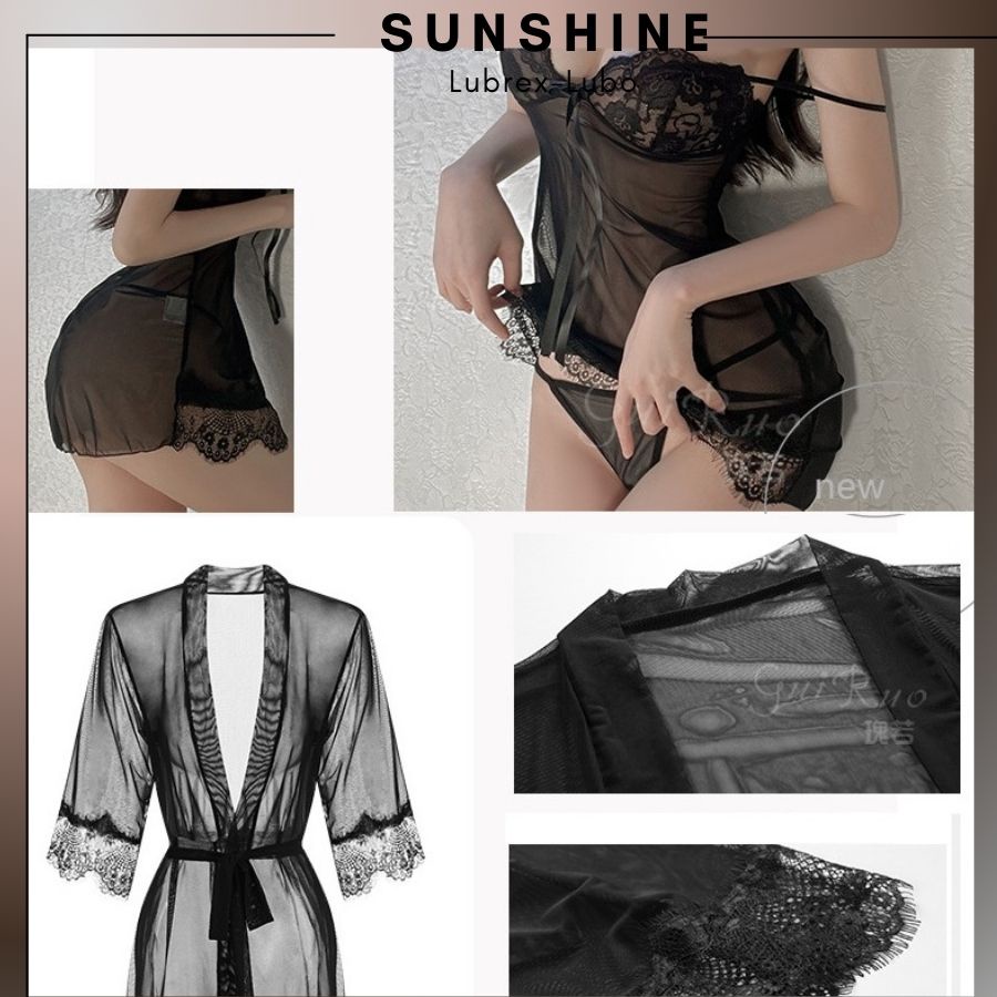 Combo Áo choàng ngủ kèm váy ngủ nữ sexy gợi cảm 2 dây màu đen xuyên thấu - SUNSHINE 1083