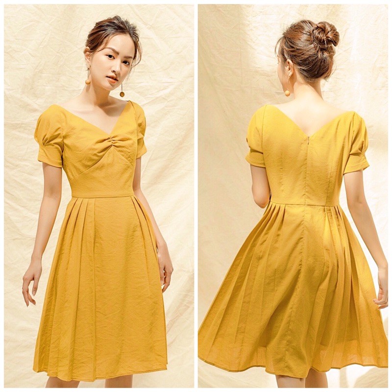 Đầm vàng ngực xếp li (kèm hình thật)