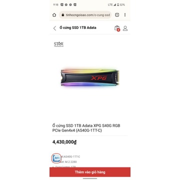 SSD Adata XPG SPECTRIX S40G RGB 1TB M.2 2280 PCIe Gen3x4