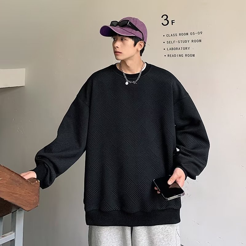 Áo sweater cổ tròn dáng rộng họa tiết nổi phong cách thời trang đường phố Mỹ 2 màu có size lớn m-3xl cho nam