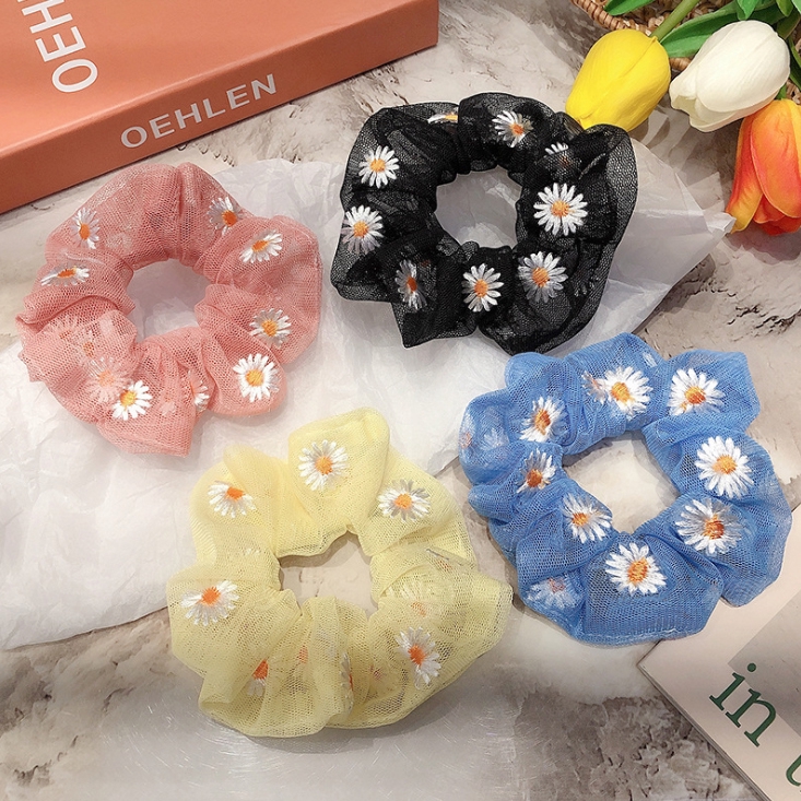Dây buộc tóc thêu cúc họa mi tinh tế vòng lớn Scrunchies xinh xắn HD41