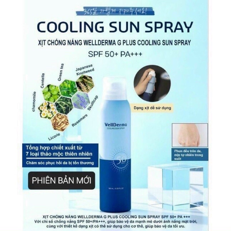 Hàn- Xịt Chống Nắng Chống Trôi, Giảm Nhiệt, Làm Mát Da Wellderma G PLus Cooling Sun Spray SPF50 PA+++