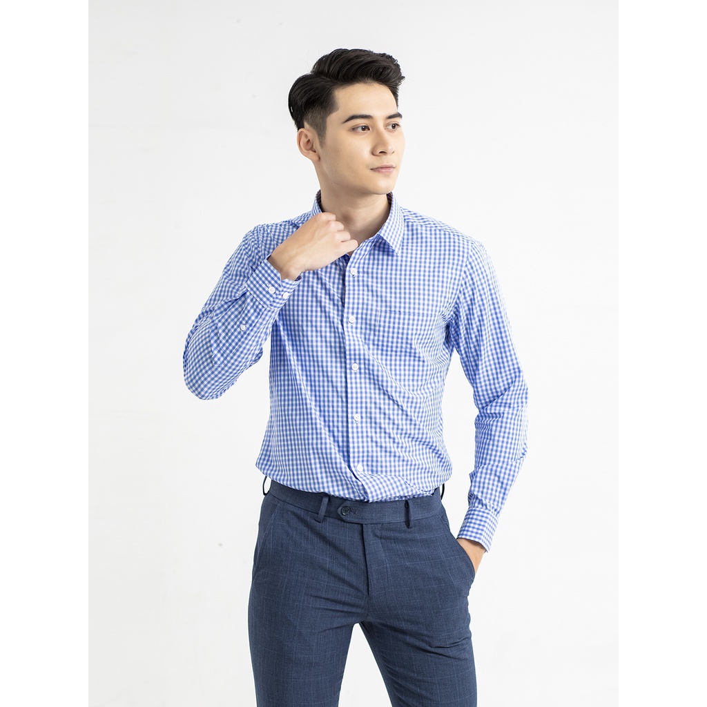 Áo sơ mi dài tay Aristino thiết kế tà lượn, họa tiết kẻ caro xanh trẻ trung, nổi bật - ALS16601