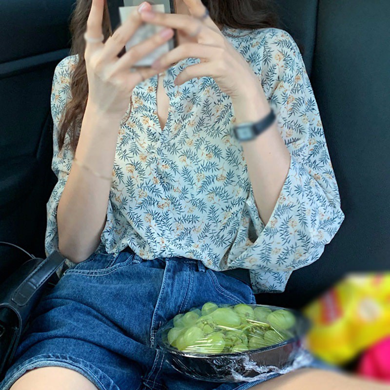 Áo Sơ Mi Dài Tay In Hoa Xinh Xắn Cho Nữ