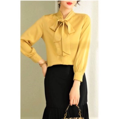 Áo Sơ Mi Kiểu Công Sở Đẹp CHIPY Tay Dài Cổ Thắt Nơ Vàng Chất Lụa Cao Cấp From Rộng Hàn Quốc Ulzzang Vintage A1V | BigBuy360 - bigbuy360.vn