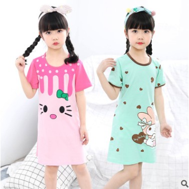 Đầm ngủ bé gái tay ngắn cotton in hình dễ thương cho bé từ 4 đến 10 tuổi - Váy ngủ bé gái - Váy ngủ cho bé gái mùa hè