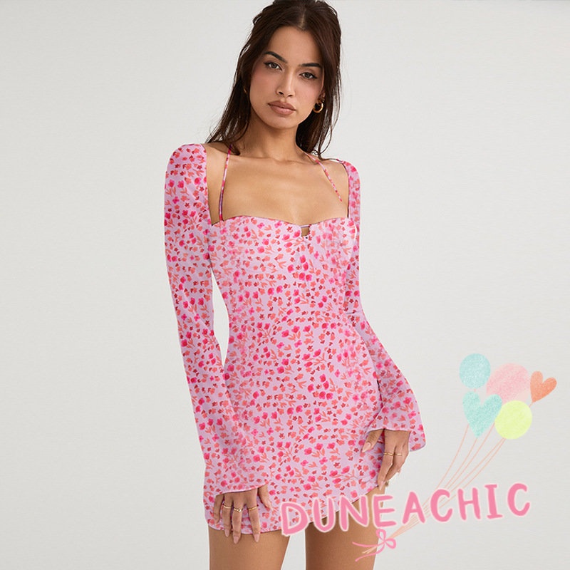 DUNEA Đầm Dài Tay In Hoa Với Thiết Kế Cổ Yếm Xinh Xắn Dành Cho Nữ