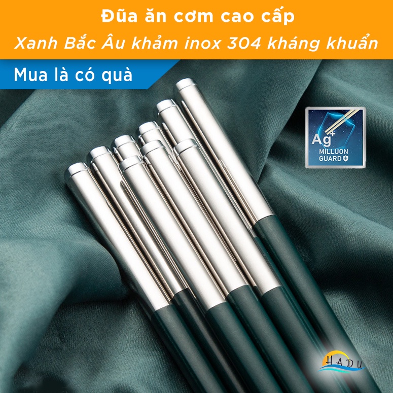 Đũa Ăn Cơm Cao Cấp Kiểu Nhật Bản Chống Mốc Kháng Khuẩn Sợi Thủy Tinh Khảm Inox Màu Xanh Bắc Âu HADU