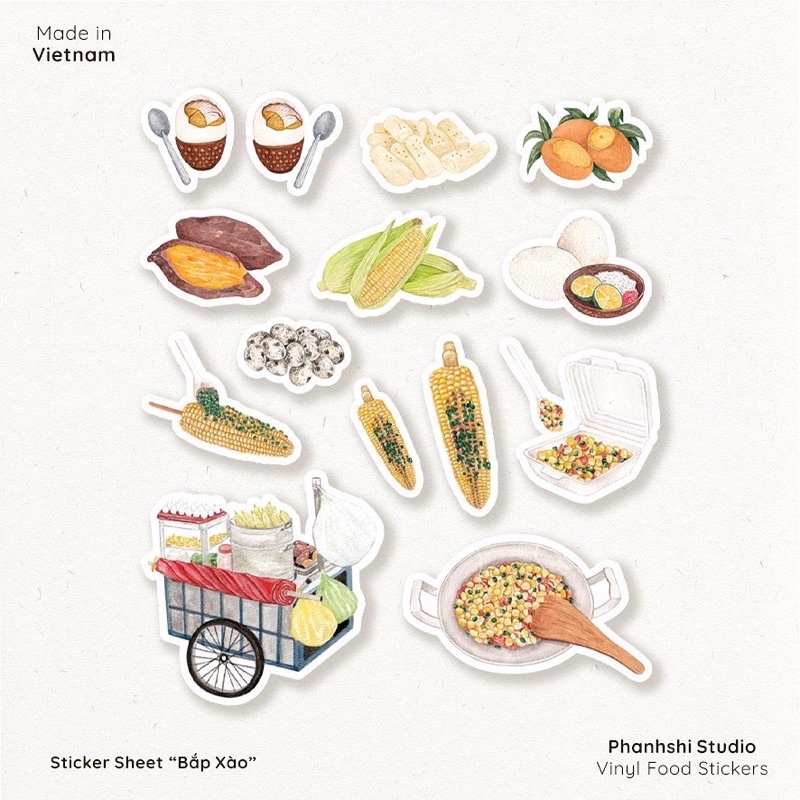 Tấm Sticker Bắp Xào Kích Thước 9x13,5cm In Từ Tranh Vẽ Tay Màu Nước