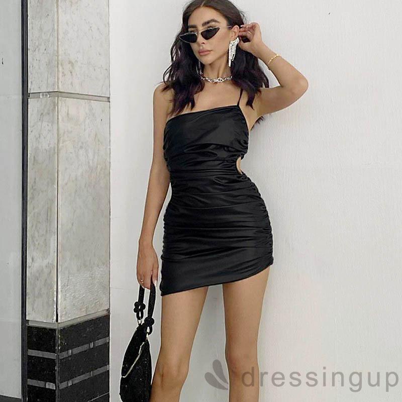 Váy mini có dây dáng ôm màu trơn khoét lỗ quyến rũ cho nữ