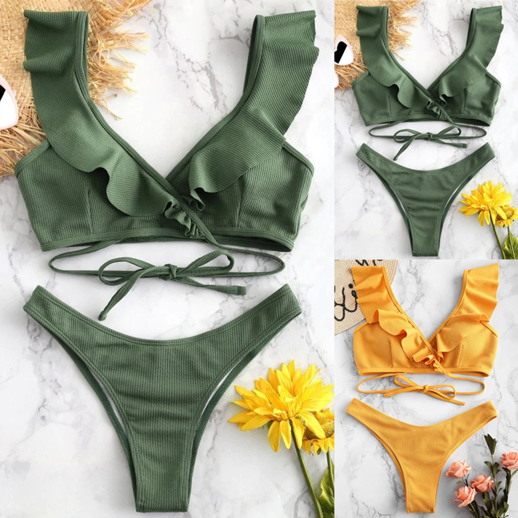 Bikini Lưng Cao Phối Bèo Thiết Kế Nâng Ngực Cho Nữ