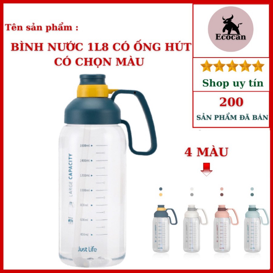 Bình nước 1800 ml có tay cầm Tặng kèm ống hút ❤️RẺ VÔ ĐỊCH❤️ Bình nước 1 lít 8 siêu to khổng lồ