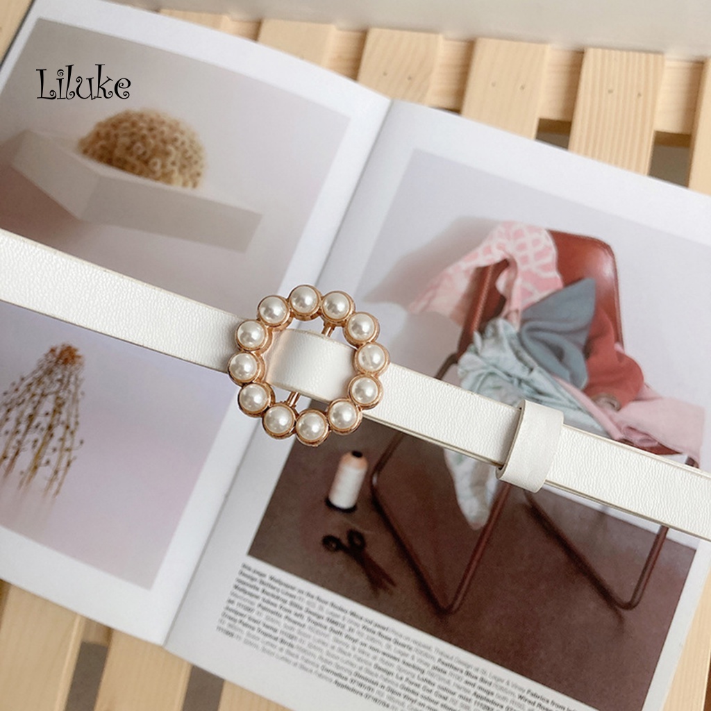 Thắt Lưng Dây Mảnh Giả Da Trang Trí Khóa Tròn Đính Ngọc Trai Xinh Xắn