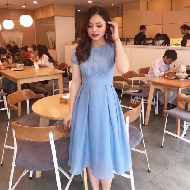 H23 Đầm tiểu thư tay côn đính khuy xếp ly