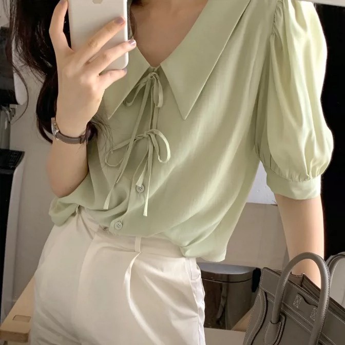 Áo sơ mi nữ tay phồng màu pastel cổ lạ thắt nơ xinh xắn tiểu thư phong cách Hàn Quốc 2022