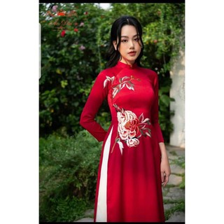 Áo dài lụa tây thi thêu hoa 3D ( cả bộ)