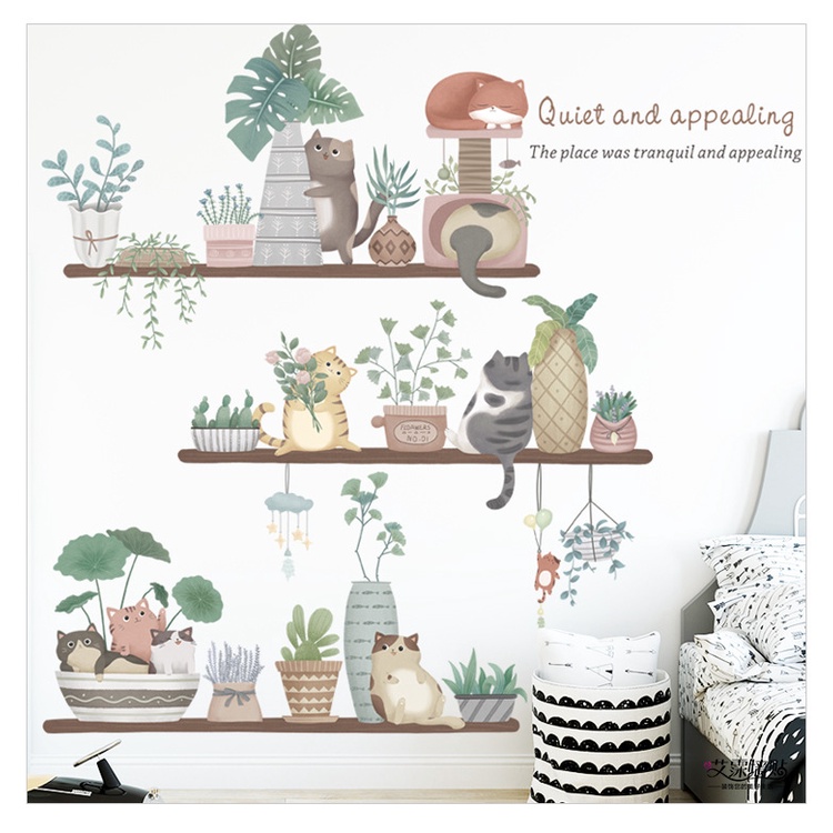 Decal dán tường những chú mèo nghộ nghĩnh bên chậu hoa