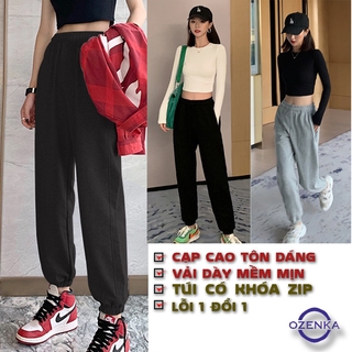 Quần jogger nữ dài ống rộng cạp cao bo gấu túi khóa chất nỉ dày mềm mịn không xù không nhăn phong cách thể thao JG451