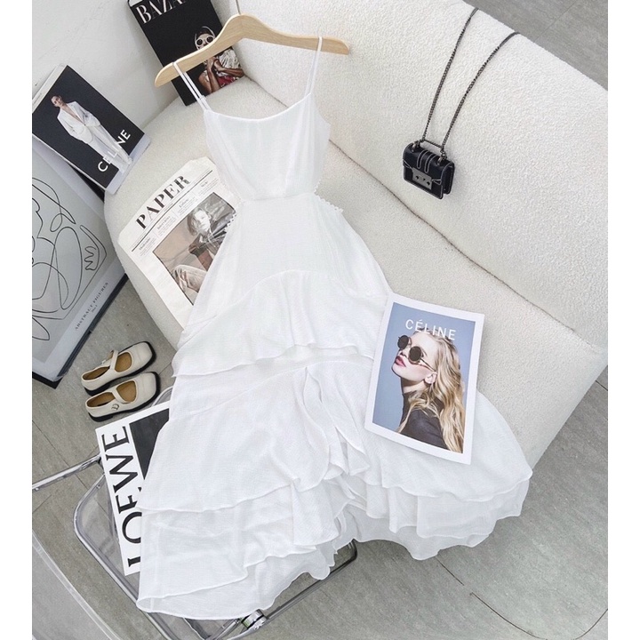 ĐẦM MIDI 2 DÂY TẦNG KHOÉT EO MÀU XANH VÀ TRẮNG 💗 kèm ảnh thật hình sàn