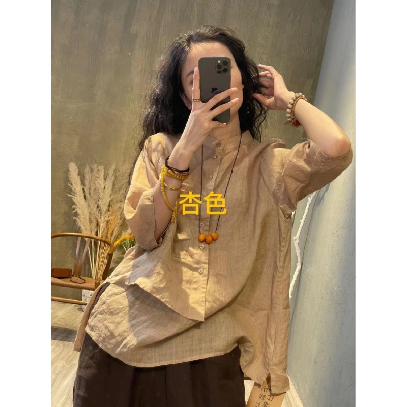 Áo Sơ Mi Vải Lanh Cotton Mỏng Dáng Rộng Tay Lỡ 2 Thiết Kế Kiểu Retro Cho Nữ