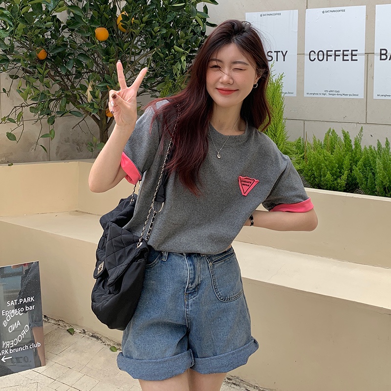 SUXI Áo Thun Cotton Cổ Tròn Tay Ngắn Dáng Rộng In Chữ Phối Màu Tương Phản Thời Trang Mùa Hè Cho Nữ