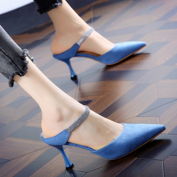 Giày, sandal cao gót BBC51 nữ 7P gót nhọn da lộn hở gót đính đá thời trang Hàn Quốc