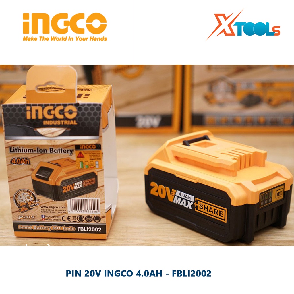 Pin 20v 4.0AH INGCO FBLI2002 | pin sạc có dung lượng pin Lithium-ion 4.0Ah, phù hợp cho nhiều máy pin 20V Total Ingco