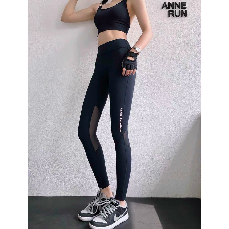 Quần Tập Gym Yoga Dài Phối Lưới Túi Nâng Mông, Quần Legging Thể Thao Aerobic In Chữ Ba Màu [Ảnh Chụp Thật] - OQ067