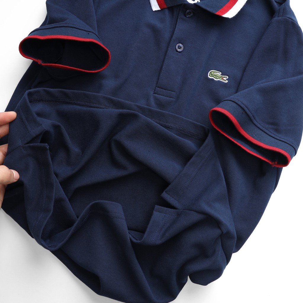 (4 màu) Áo polo vải dệt cotton cao cấp Lacoste viền phối màu