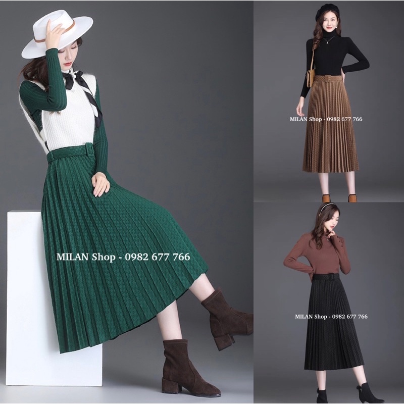 Chân váy nhung xếp ly dập ô kèm đai sang sịn