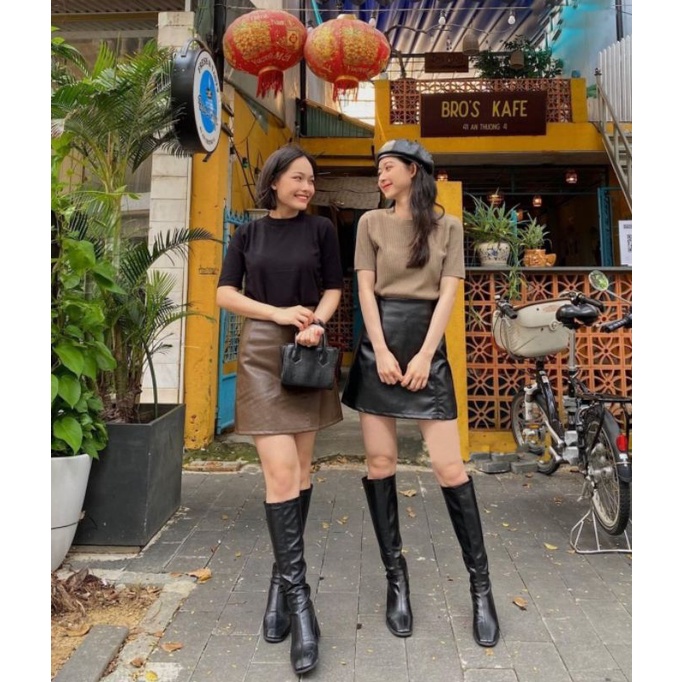 Chân Váy Da Pu Dáng Chữ A Lưng Cao Thiết Kế Đơn Giản