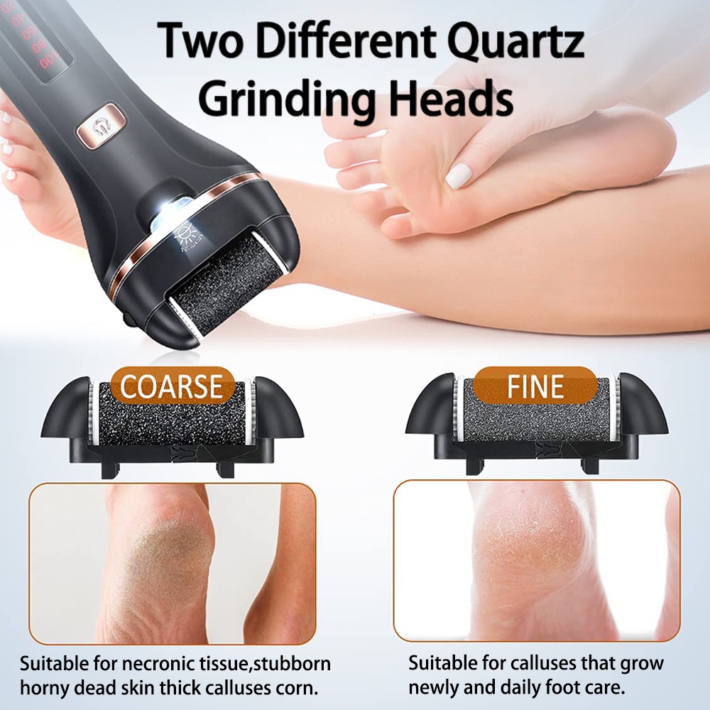 Máy mài gót chân TOGEWITHU tẩy tế bào chết da cứng có thể sạc lại với đèn LED và 2 đầu lăn