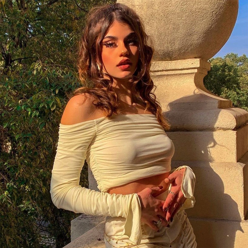 Áo Croptop Trễ Vai Tay Dài Màu Sắc Trơn Quyến Rũ Thời Trang Mùa Hè Cho Nữ