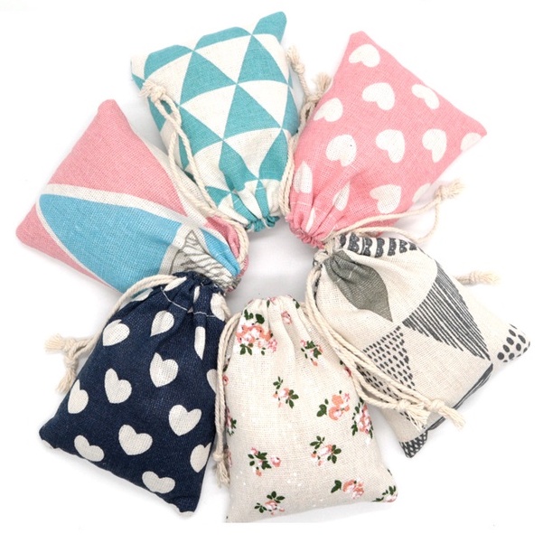 Túi vải canvas xanh dương dây rút 9*12 cm in hình trái tim đựng trang sức, vòng tình yêu, vòng đá phong thủy