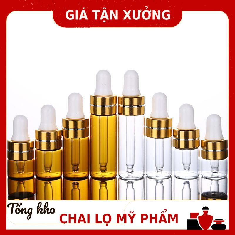 Lọ Chiết Serum ❤ Lọ đựng tinh dầu thủy tinh mỏng bóp giọt Khoen Vàng 2ml,3ml,5ml chiết mỹ phẩm, tong kho chai lo