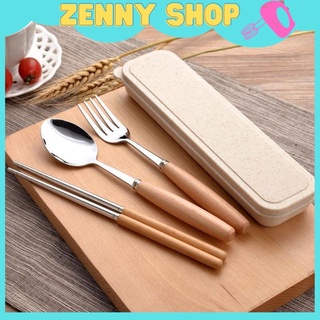 Bộ thìa đũa dĩa cá nhân inox cán gỗ lúa mạch có hộp đựng sạch sẽ zennyshop - Z21