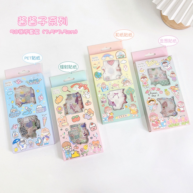 Set 50 Miếng Dán Trong Suốt Họa Tiết Hoạt Hình Sáng Tạo Trang Trí Hộp Quà