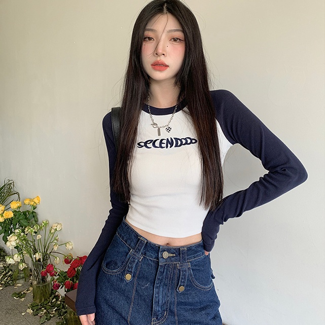 SUXI Áo Thun Tay Dài Cổ Tròn In Chữ Màu Khối Ôm Dáng Phong Cách Vintage Dễ Phối Đồ