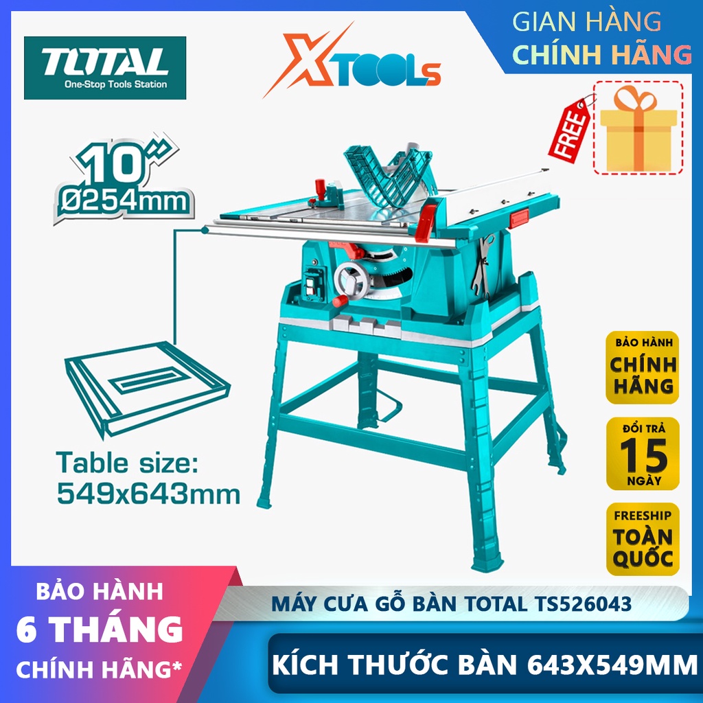 Máy cưa gỗ bàn TOTAL TS526043 2600W, kích thước bàn chính 643x549mm, lưỡi cưa 254x16mm, 4 chân đỡ thép-CHÍNH HÃNG-XTOOLS
