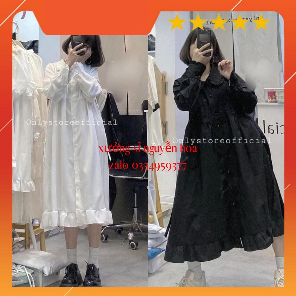 Váy babydoll cổ bèo nữ dài tay ulzzang 2 màu đen/trắng cực xinh xưởng sỉ nguyễn hoa