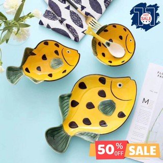 Bộ bát đĩa ăn dặm hình cá bằng gốm