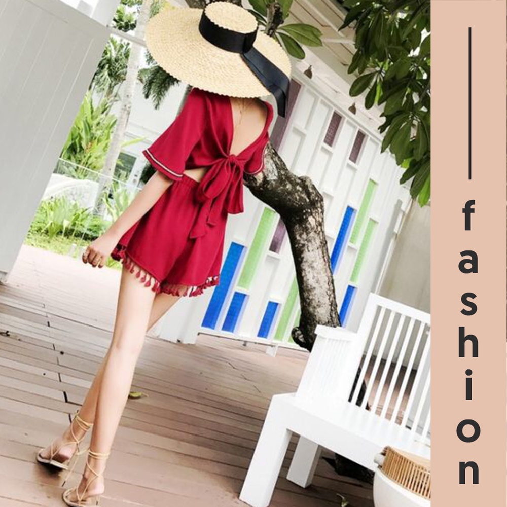 Jumpsuit Hè Buộc Nơ Sau lưng Cổ V/ Bộ Liền Cộc Tay Thời Trang Đi Biển S00129 | BigBuy360 - bigbuy360.vn