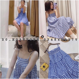 Váy 2 dây kẻ caro xanh ngực bo chun - đầm babydoll caro xanh xoè ulzzang