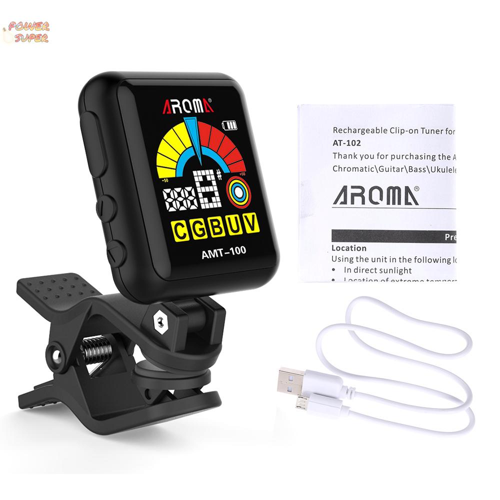 AROMA AMT-100 2 in 1 Rechargeable Rotatable Clip-on Electronic Tuner Metronome Color Screen with Built-in Battery USB Cable for Chromatic Guitar Bass Ukulele Violin