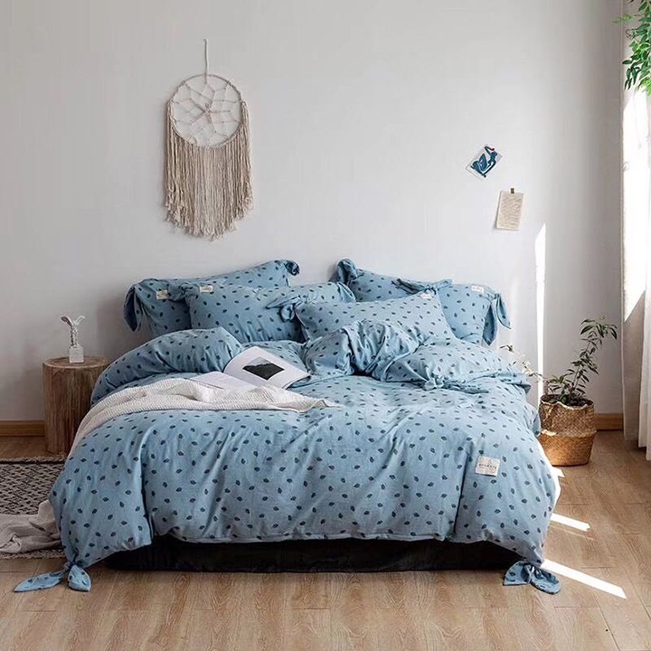 Bộ chăn ga gối drap giường chất vải ĐŨI SILK họa tiết lá nhỏ xanh